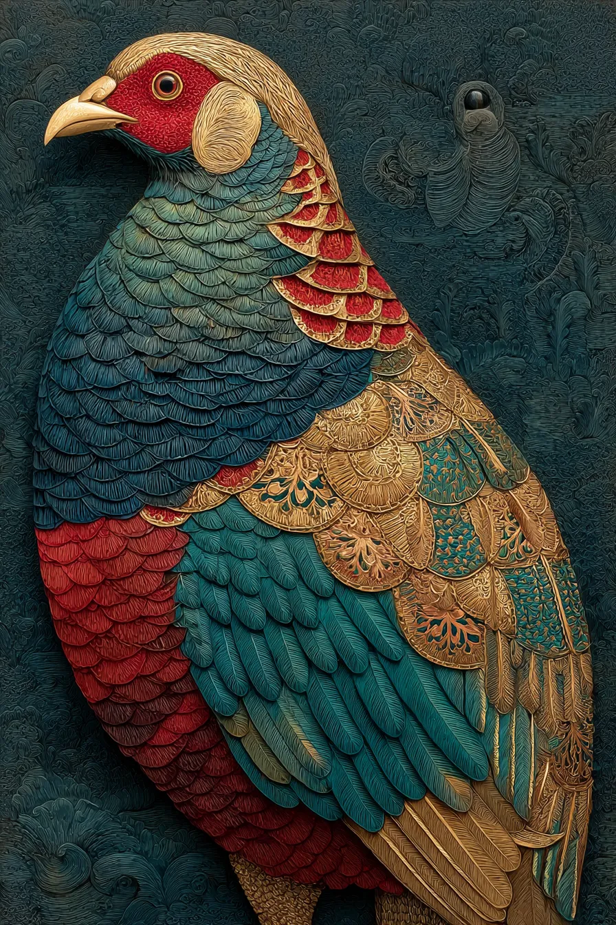 Image of a bird with unique decor and colorful plumage
