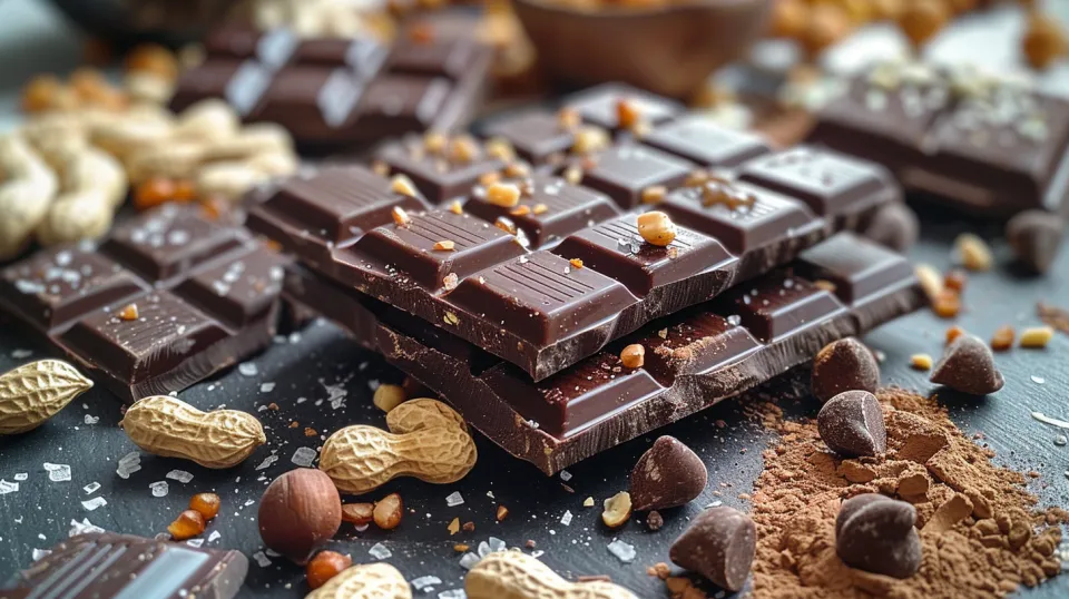 Chocolate bars, nuts, and chocolate chips on a black background