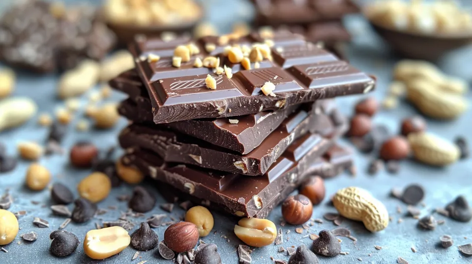 A feast of chocolate bars with added nuts on the table.