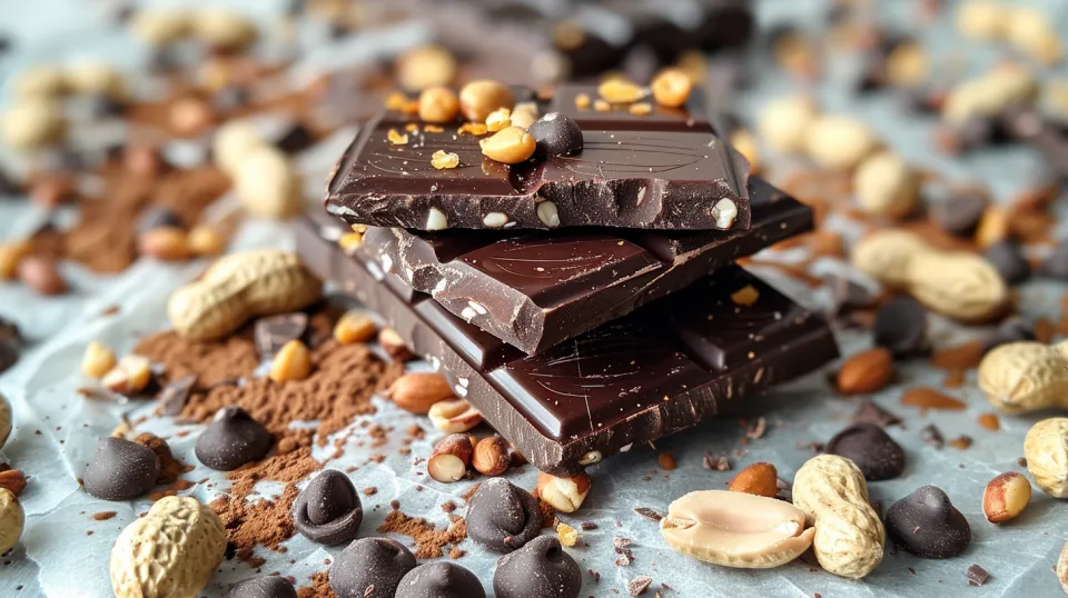 Appetizing pieces of chocolate among nuts and chocolate chips