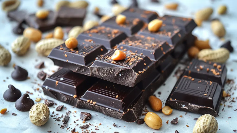 Tableta de chocolate negro con nueces y trocitos de chocolate sobre un fondo texturizado
