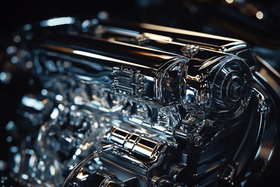 Imagen detallada de un motor de automóvil cromado con partes brillantes