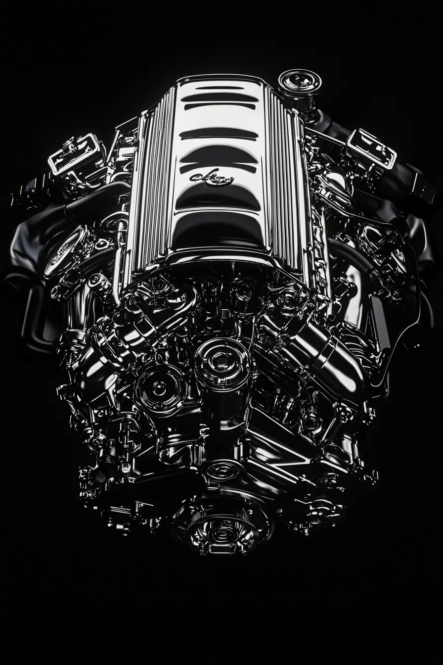 Modern automotive engine with a glossy surface on a background without details