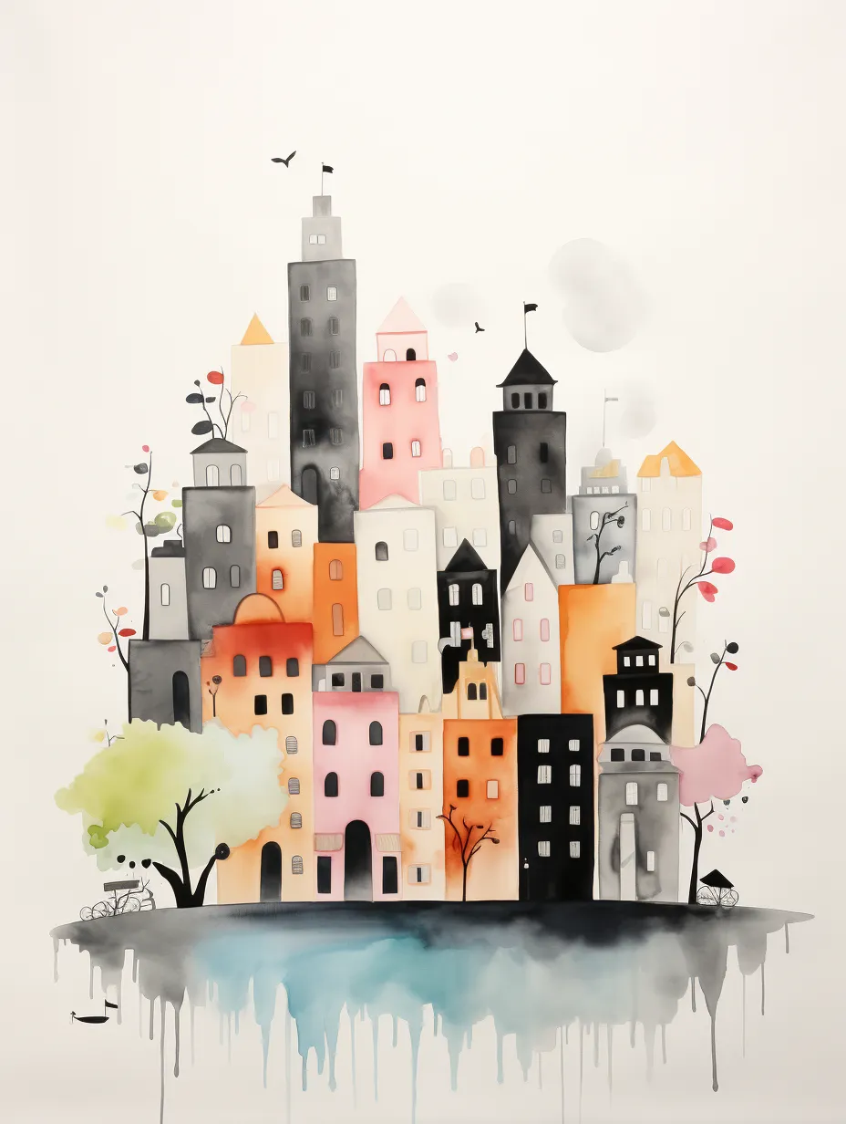 Watercolor illustration of a cityscape with colorful houses