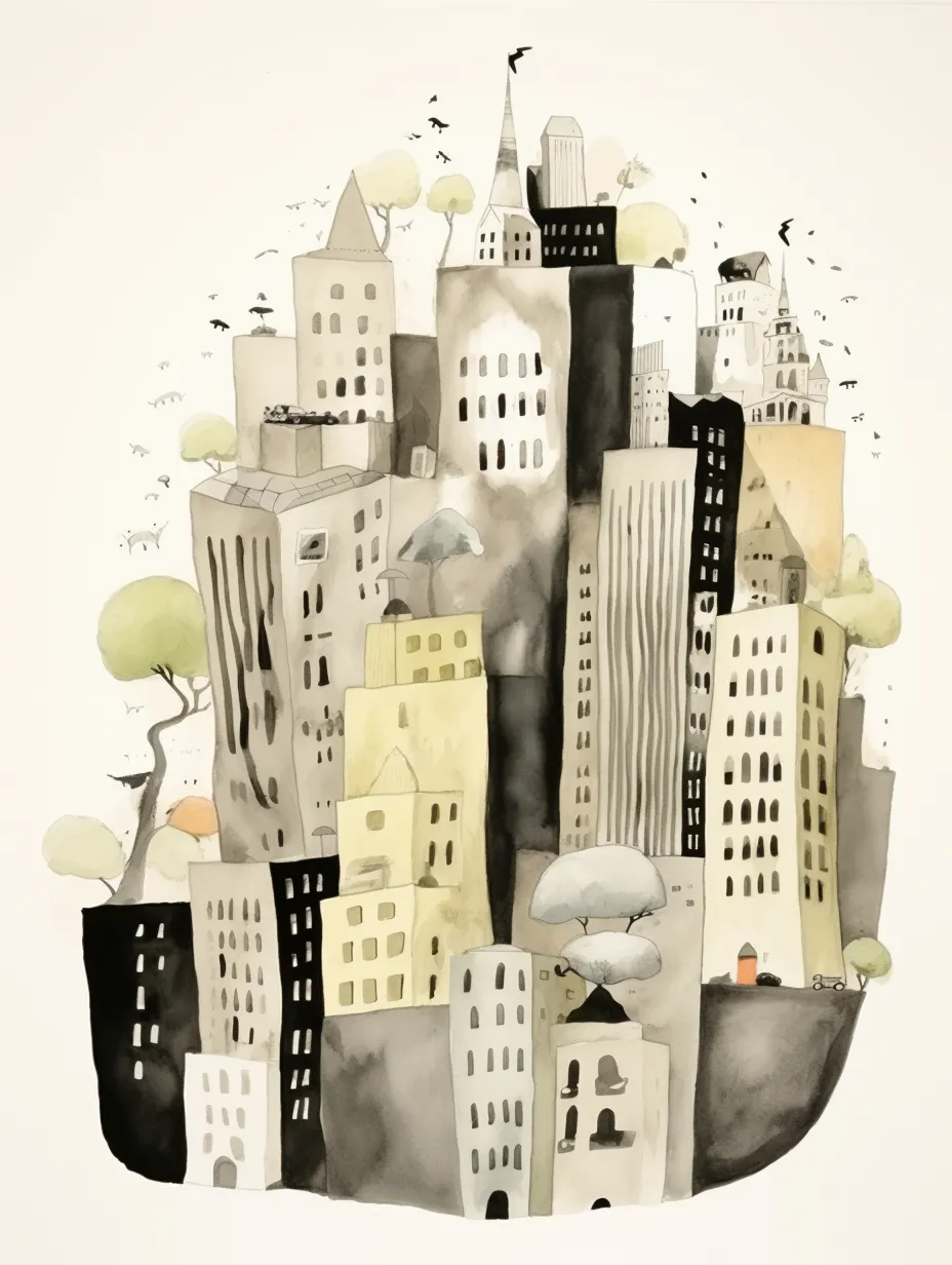Watercolor drawing of urban architecture with green trees and birds