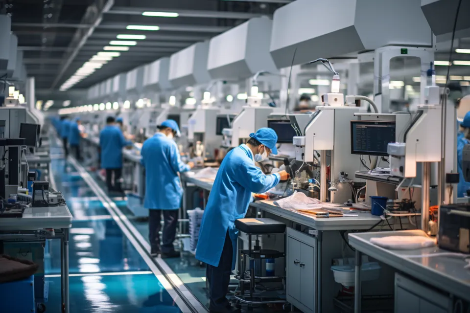 Workers in blue lab coats assembling electronic devices at the factory