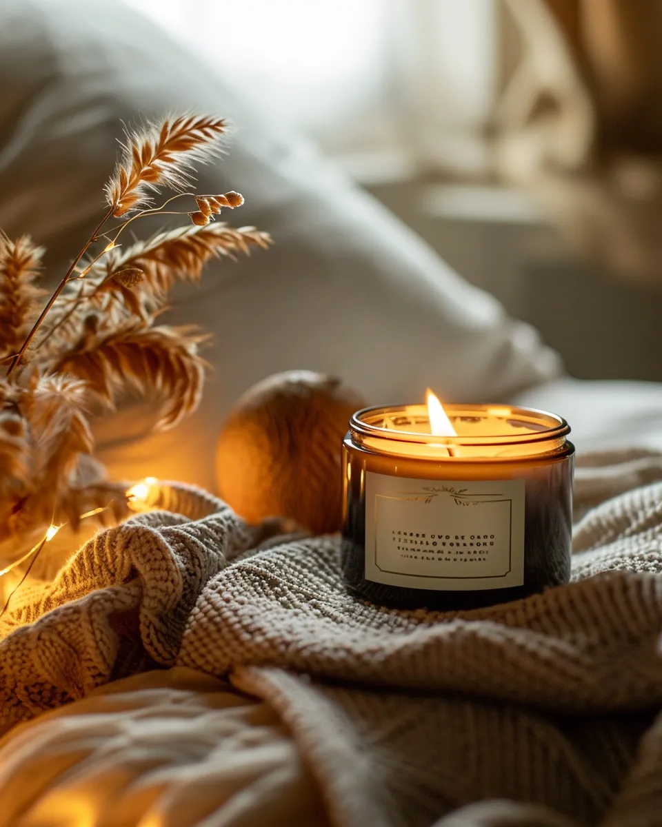 Cozy scene with a burning candle, a blanket, and decorative elements