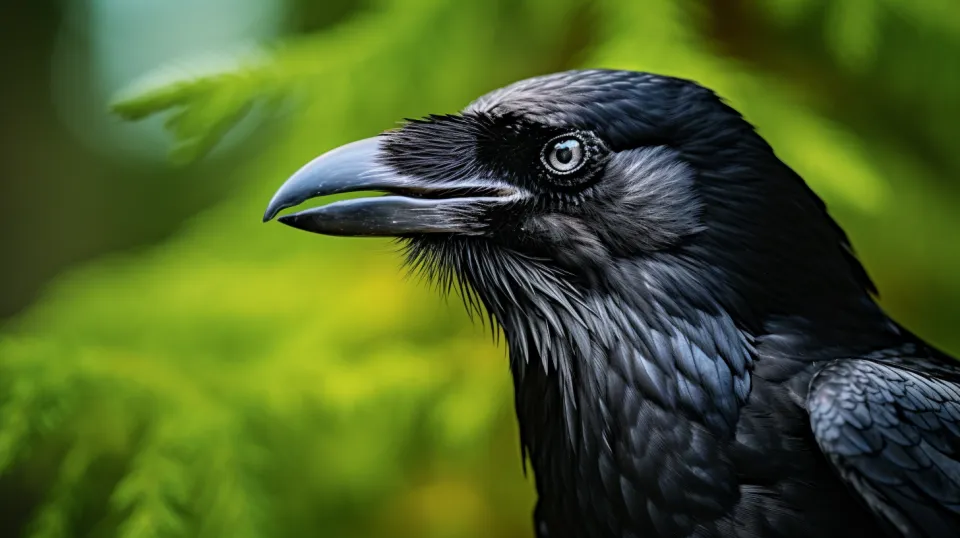 Image of a crow, focusing on the details of its head and feathers