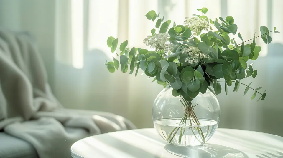 Eucalyptus bouquet in a clear vase with water on a table in an interior setting