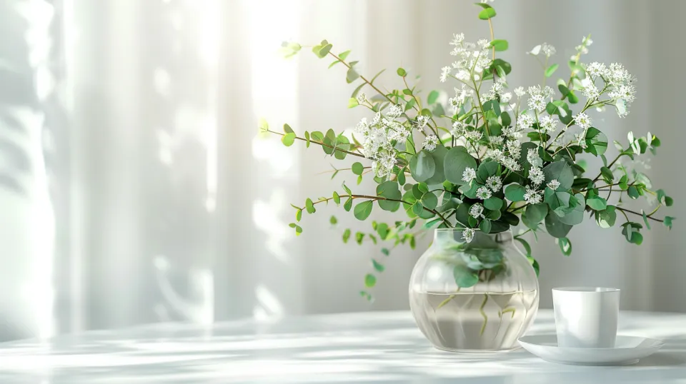 Stylish bouquet of eucalyptus with white flowers in a transparent vase