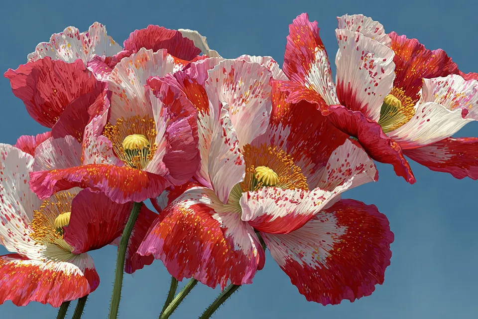 Multilayered red flowers with white shades on a blue background