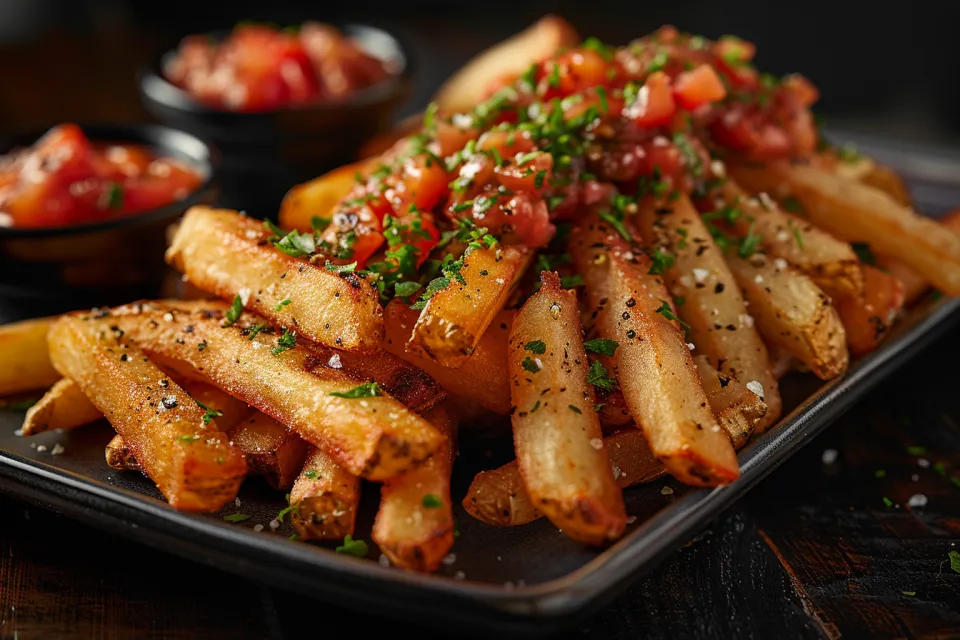 Appetizing French fries served with fresh sauces and spices