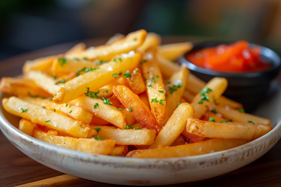 Plato con papas fritas espolvoreadas con hierbas y salsa de tomate