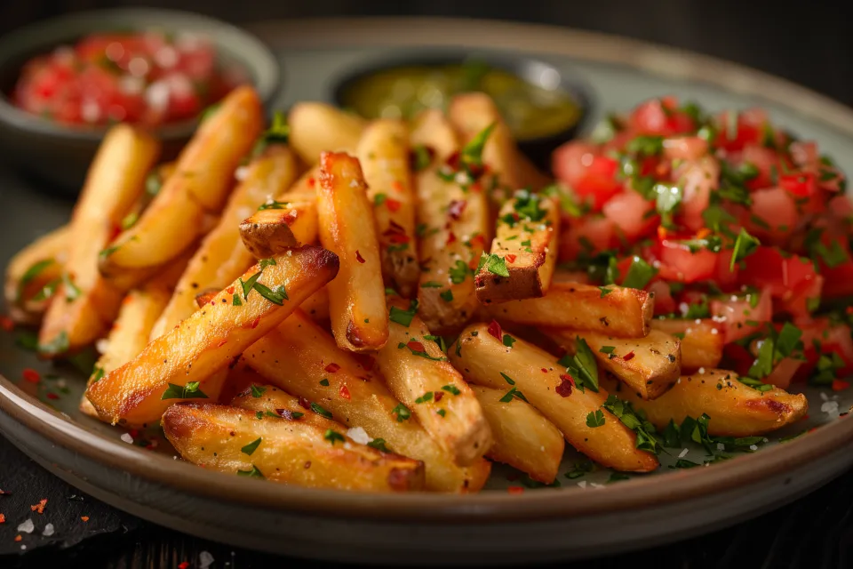 A serving of French fries with fresh salsa and pancake sauce