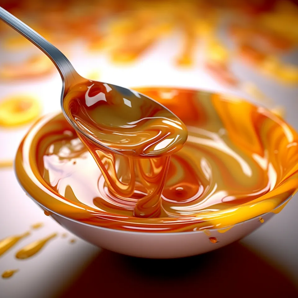 Thick orange sauce on a spoon over a white plate