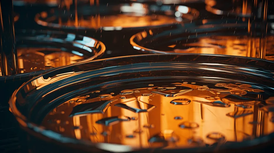 Photograph of light reflections and water droplets in a container with liquid