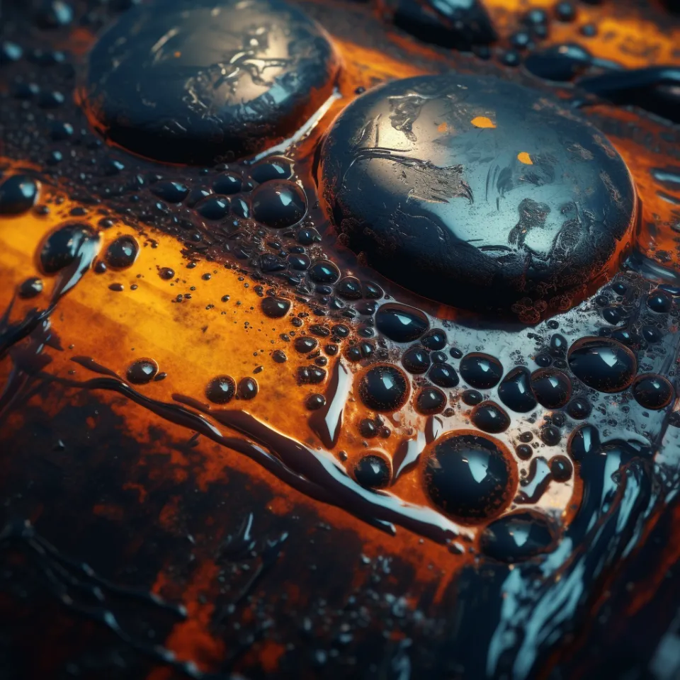 Close-up of water droplets on a smooth black surface with orange accents