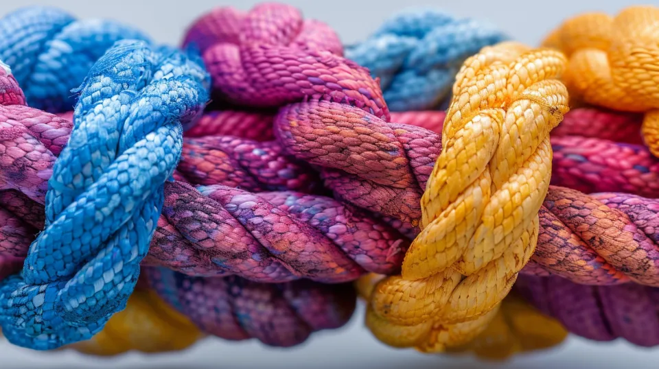 Intertwined ropes in bright colors, including blue, pink, and yellow