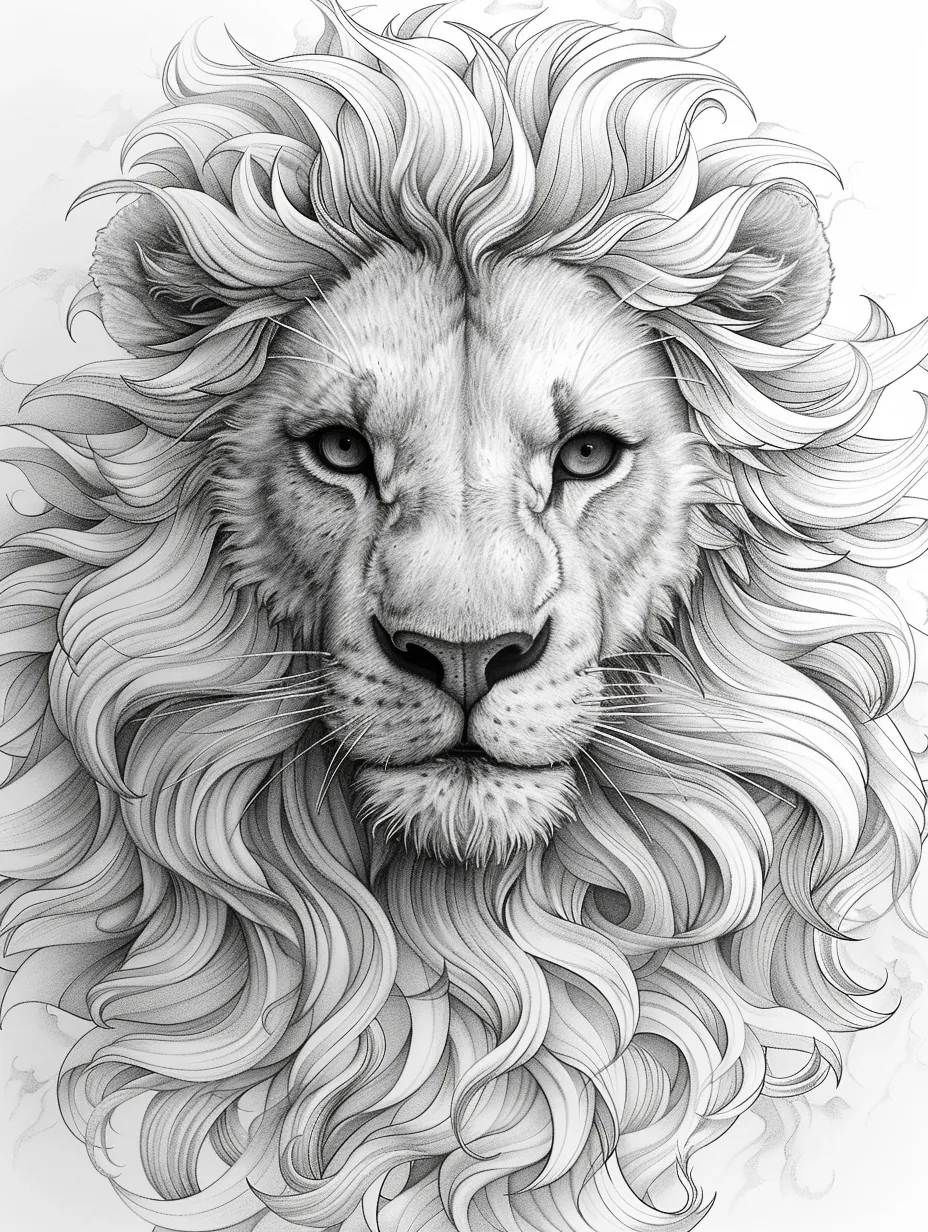 Detailed black-and-white drawing of a lion with expressive eyes and a long mane