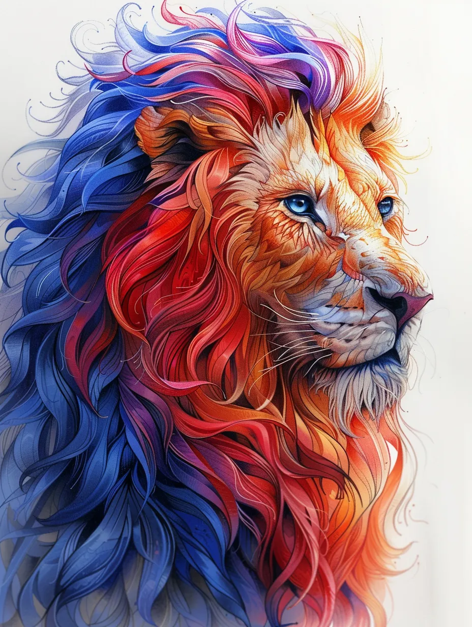 Drawing of a lion with an unusual colorful mane and an expressive gaze