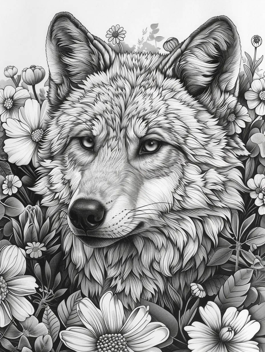Primer plano de un lobo rodeado de flores y hojas