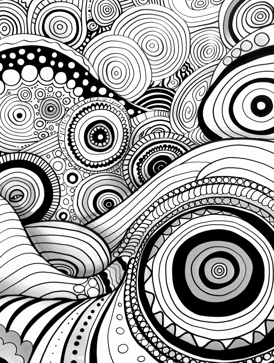 Black and white art filled with circles and wavy lines
