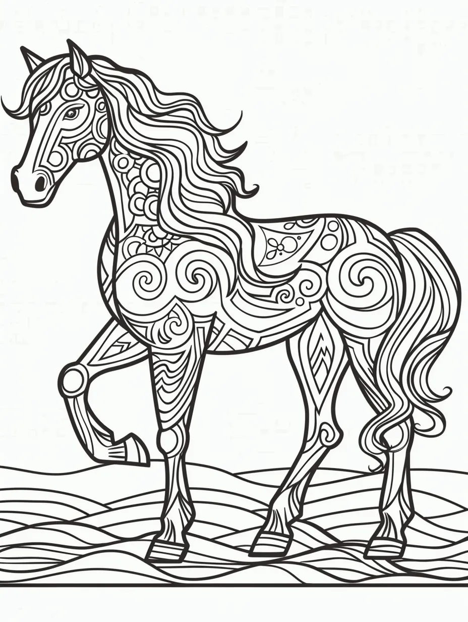 Silhouette of a horse adorned with intricate patterns against a wavy background