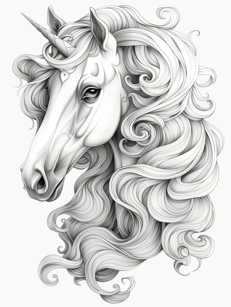 Image of a unicorn's head with long wavy white hair and a horn