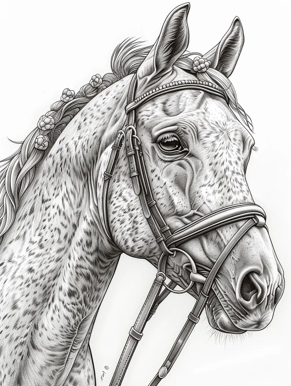 Drawing of a horse's head with detailing and decorations in the mane