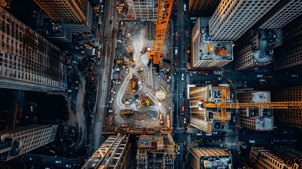 Aerial photograph of a construction site in the city with cranes and machinery