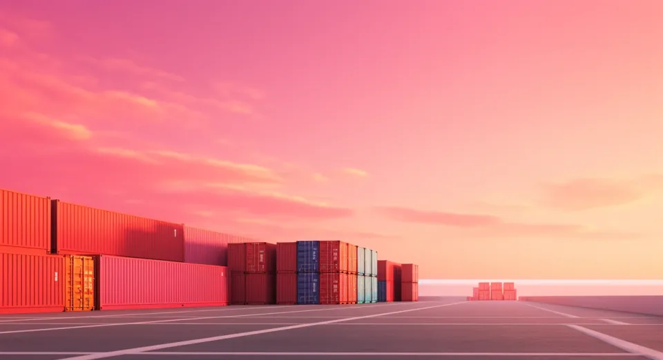 Containers against a bright sunset with pink clouds