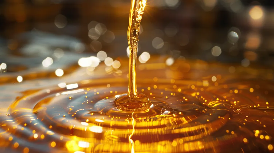 Shiny stream of honey falling onto a water surface