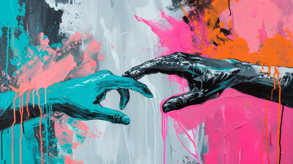 Two hands, one black and one turquoise, reaching out to each other against a background of colorful splashes