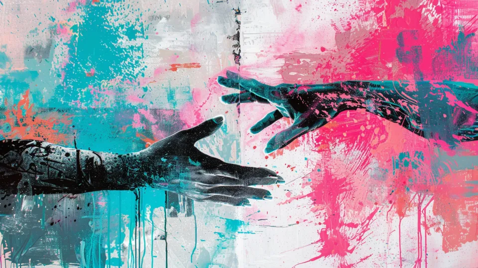 Abstract art depicting outstretched hands in various shades.