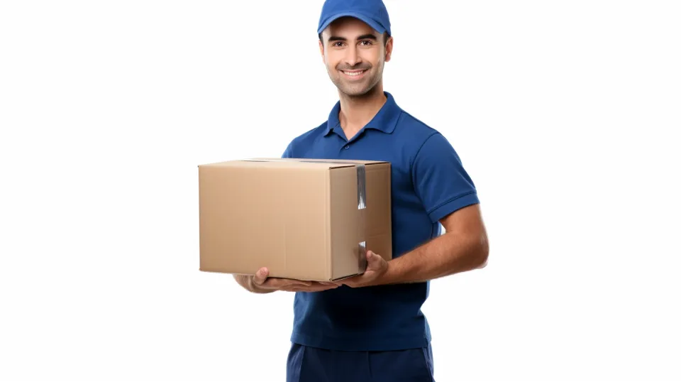 A man in a blue uniform holding a box against a white background