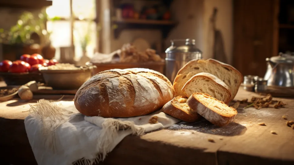 Freshly baked bread with sliced pieces and a variety of ingredients on a wooden table