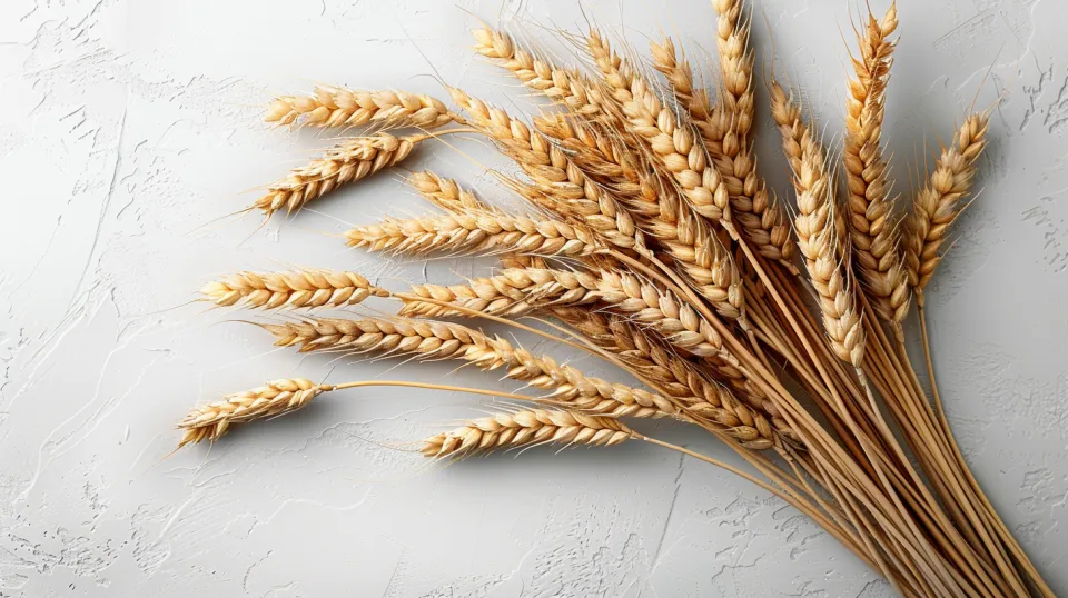 A group of golden wheat ears on a gray background