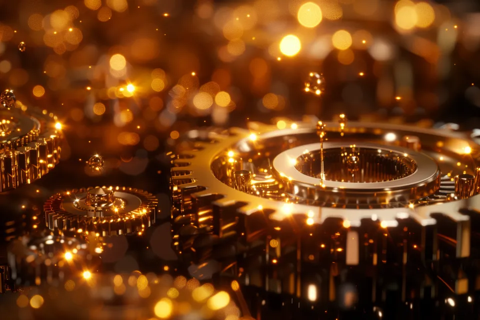 Multilayered golden gears with sparkling effects on a background