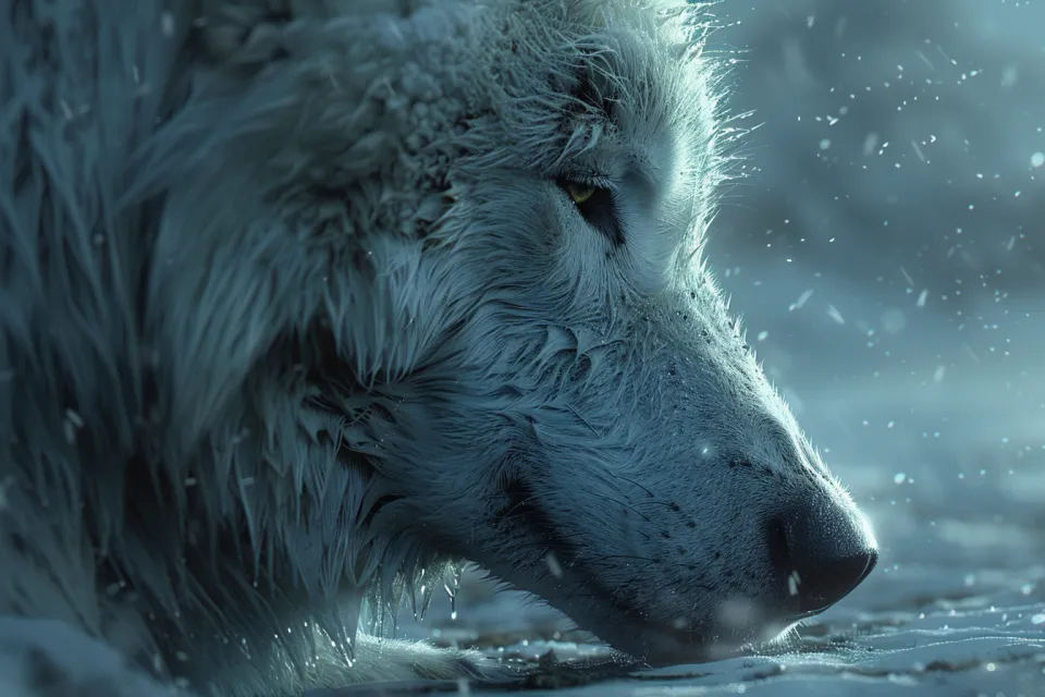 Foto en primer plano de un lobo de nieve en un paisaje invernal con nieve cayendo