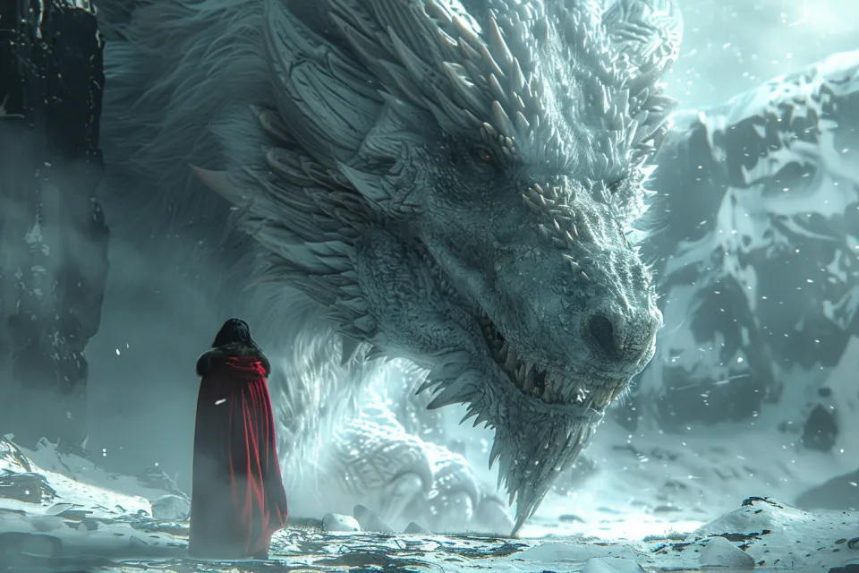 Escena fantástica con un dragón y un humano en un paisaje helado