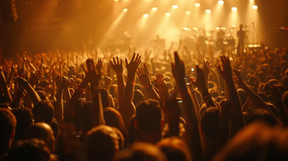 Multitud de personas en un concierto con manos levantadas bajo la luz