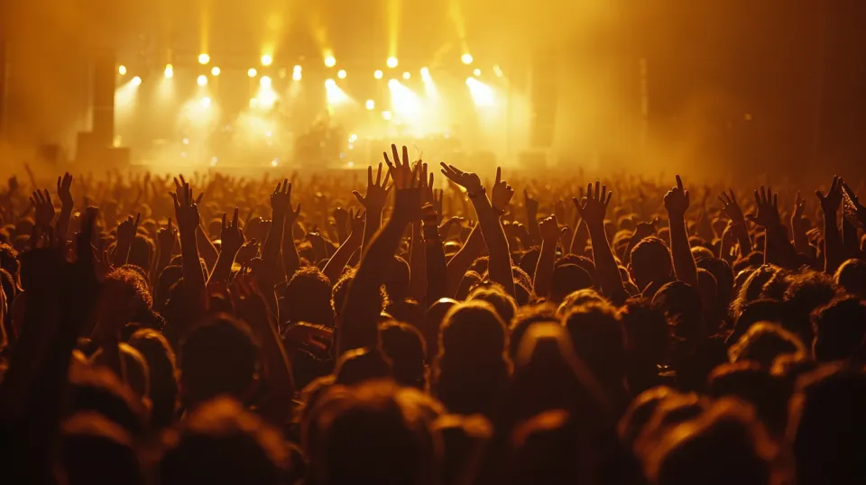 Escena con músicos en un concierto y una multitud de espectadores entusiastas