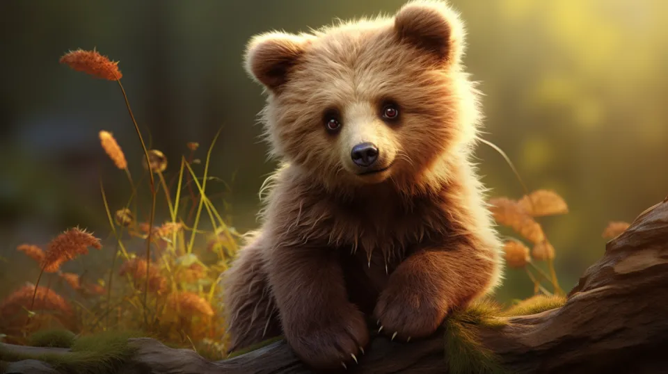 Cub with a gentle smile against a backdrop of colorful autumn foliage