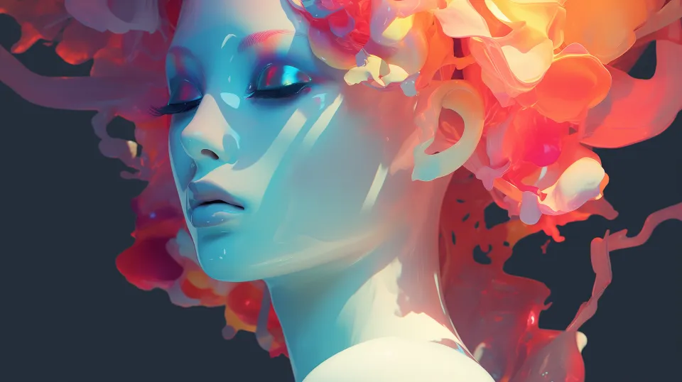 Stylized portrait of a woman with bright flowers and light
