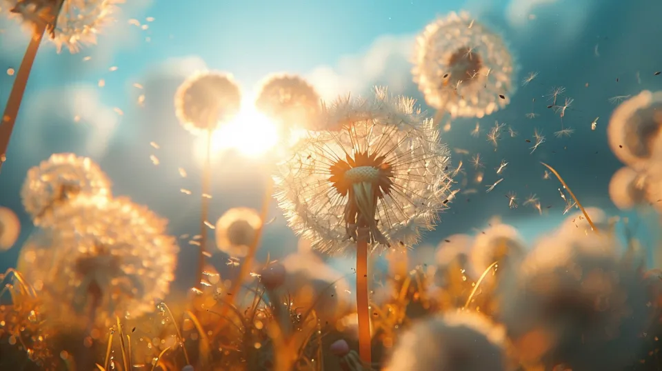 A meadow of dandelions illuminated by the sunset with flying seeds