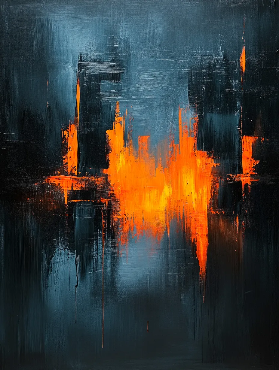 Obra pictórica con fondo negro y elementos naranjas