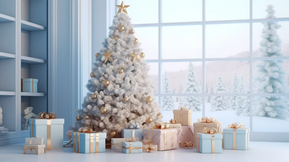 Snowy winter interior with a Christmas tree and gifts