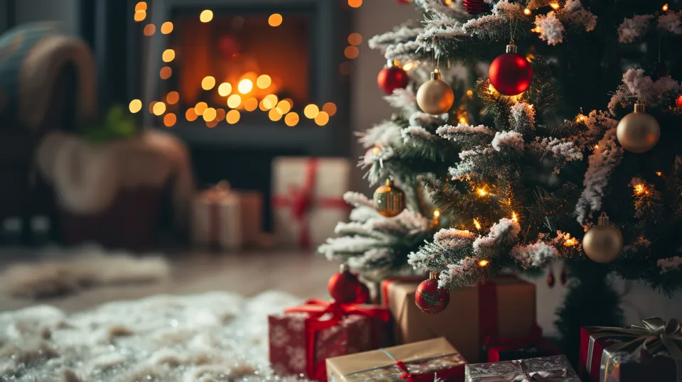 Decorated Christmas tree and gifts by a glowing fireplace