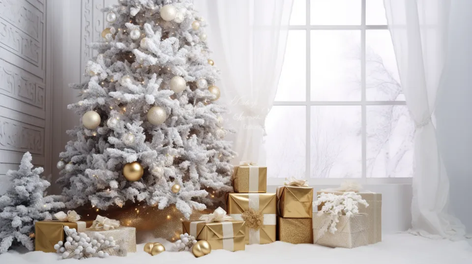 Beautiful winter interior with a Christmas tree and gifts