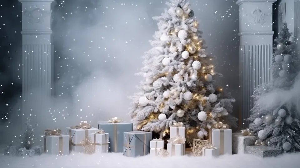 Snowy Christmas tree and gifts in a cozy winter setting